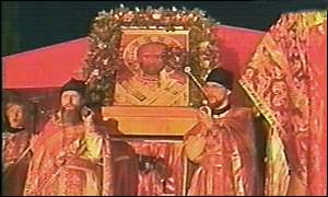 Believers carry an icon of St Nicholas the Miracle Worker
