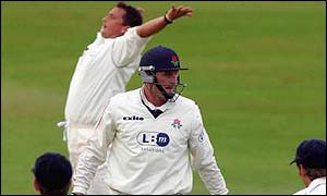 Darren Gough celebrates David Byas' dismissal