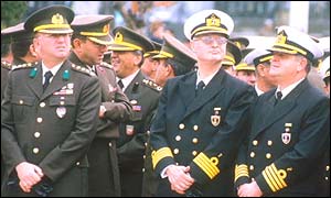 Turkish military leaders at a parade celebrating the 25th anniversary of the republic