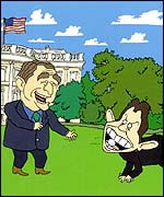 Tony Blair is portrayed as George  W Bush's poodle