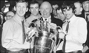 Manchester United legends Paddy Crerand, Matt Busby and George Best after Manchester United beat Benfica 4-1