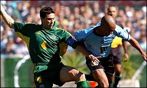 Okon in action for Australia against Uruguay