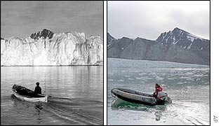 The Norwegian island of Svalbard, in a Norwegian Polar Institute photo taken in  1918 (l); Greenpeace photo of same island in 2002 (r)