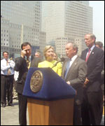 Bloomberg, with Hilary Clinton to his left and governor Pataki to his right, at the announcement of a $4.55 billion Federal Government award towards rebuilding  Ground Zero 