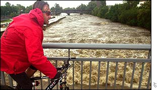 Cyclist at  Vltava river in central Prague 