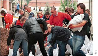 Volunteers outside the  Alesovo Bank in Prague 