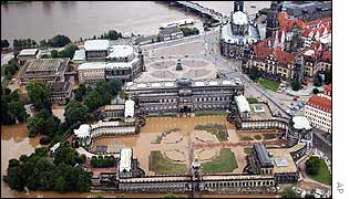 Dresden's Zwinger Palace, foreground, Semperoper, left, and cathedral, right