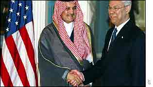 Saudi Foreign Minister Prince Saud al-Faisal with Colin Powell (June 2002)  