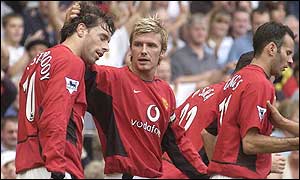 Ruud van Nistelrooy celebrates his second-half goal against Spurs