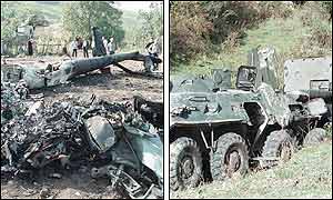 Left picture: wreckage of a Russian MI 24 helicopter. Right picture: a destroyed Russian  APC. (AP/AP)