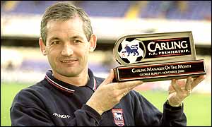 George Burley poses with his manager of the month award in December 2000,  he is later named as manger of the year