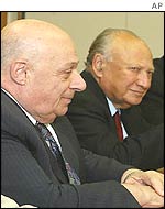 Rauf Denktash, Turkish Cypriot leader, left, and Glafcos Clerides, Greek President of Cyprus,  meets at UN for talks