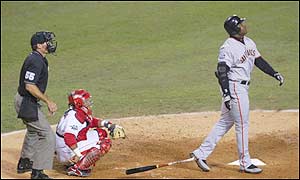  Barry Bonds hits a massive homer to bring it back to within one but Anaheim  hold on to win 