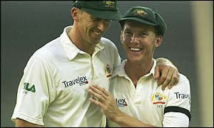 Australia bowlers Glenn McGrath and Brett Lee reflect on another successful day  