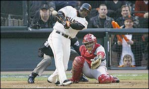 Barry Bonds hits an RBI double to score Kenny Lofton