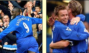 Jimmy Floyd Hasselbaink scores the  first goal  and creates the second for  Graeme Le Saux 