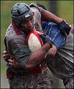 Ebbw Vale's Kati Tuipulotu is  caught by Shawn Van Rensberg