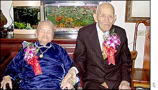Liu Yung-yang, 103-years-old, sits on right with his102-year-old wife Yang Wan, 4 November 2002
