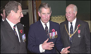 General Sir Roderick Cordy-Simpson, National President of the Royal British Legion (left), Prince Charles and National Chairman,  Ian Cammell