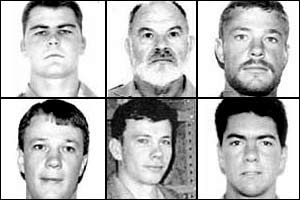 Suspects Jan Gouws, Gerhardus Visagie, Kobus Pretorius (top left to right) and Johan Pretorius, Wilhelm Pretorius and  Herman van Rooyen (bottom left to right)