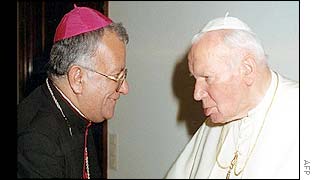 Bishop  Jorge Jimenez (left) with Pope John Paul II