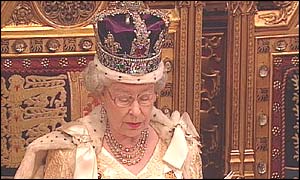 The Queen giving her speech from the throne in the House of Lords