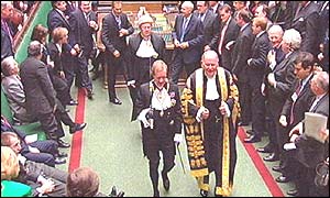 Black Rod, General Sir Michael Willcocks (left) and the Speaker of the House of Commons Michael Martin, lead MPs to the House of Lords