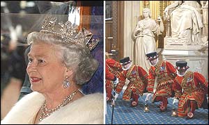 The Queen and Yeoman Warders, or Beefeaters, collecting lanterns ready to search the cellars of the Palace  of Westminster