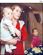 A Chechen  family in a refugee camp in Ingushetia