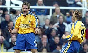 James Beattie celebrates his second-minute goal latching onto a loose ball after Brett Ormerod caused problems for the home defence