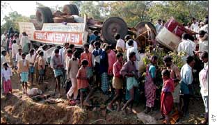 The remains of the bus that was blown up by the PWG near Hyderabad