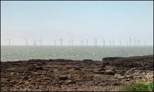Computer image of coastal wind farm