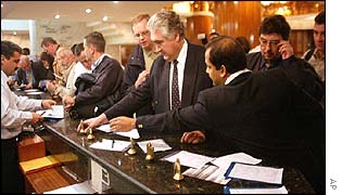 Weapons inspectors check in at their Iraq hotel