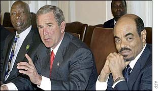 From left, Kenyan President Daniel arap Moi, US President George W Bush and Ethiopian  Prime Minister Meles Zenawi
