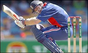 Nick Knight ducks a bouncer during his innings of 29  