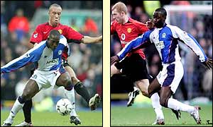 Dwight Yorke and Andy Cole battle against their former team-mates
