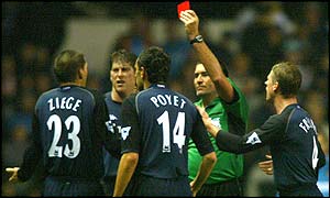 Spurs defender Christian Ziege is sent off by referee Jeff Winter in the 85th minute for his second bookable offence