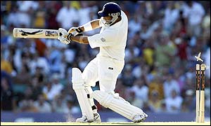 Mark Butcher is bowled by Brett Lee for 124