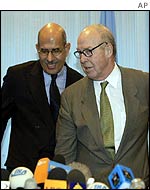 Dr Mohamed ElBaradei (L) and  Dr Hans Blix in Baghdad