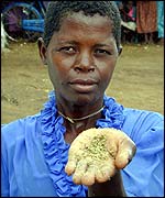 A woman shows a 