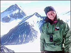 Alison Hargreaves with backdrop of mountains