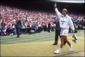 Martina Navratilova waves goodbye to the  Centre Court crowd