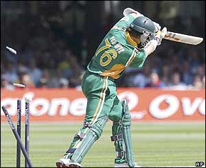 Morne van Wyk is bowled by James Anderson  
