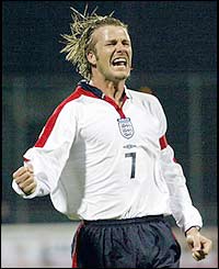 England's David Beckham celebrates his goal against Liechtenstein  