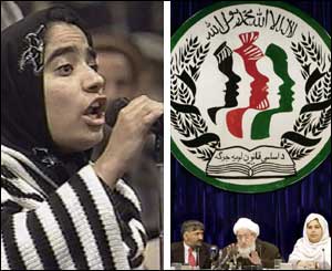 Delegate Malali Joya at the loya jirga. Pictures by AP (left] and AFP.