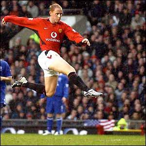 Nicky Butt unleashes a volley to give the champions an early lead at Old Trafford