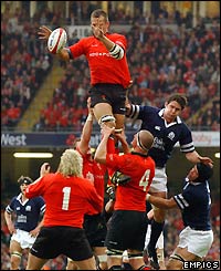 Wales' Gareth Llewellyn wins the line out    