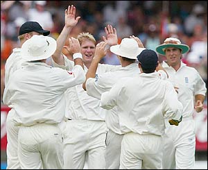 Hoggard's England team-mates celebrate another wicket at Sabina Park
