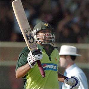 Pakistan captain Inzamam-ul-Haq  celebrates his century 