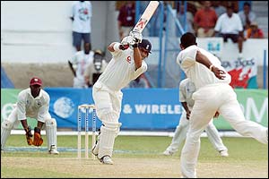 Mark Butcher hits the winning four at the end of  the fifth over 